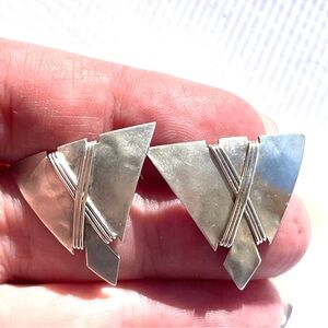 Vintage MCM Sterling Silver Triangular Earrings with Wired Wrapped Detail